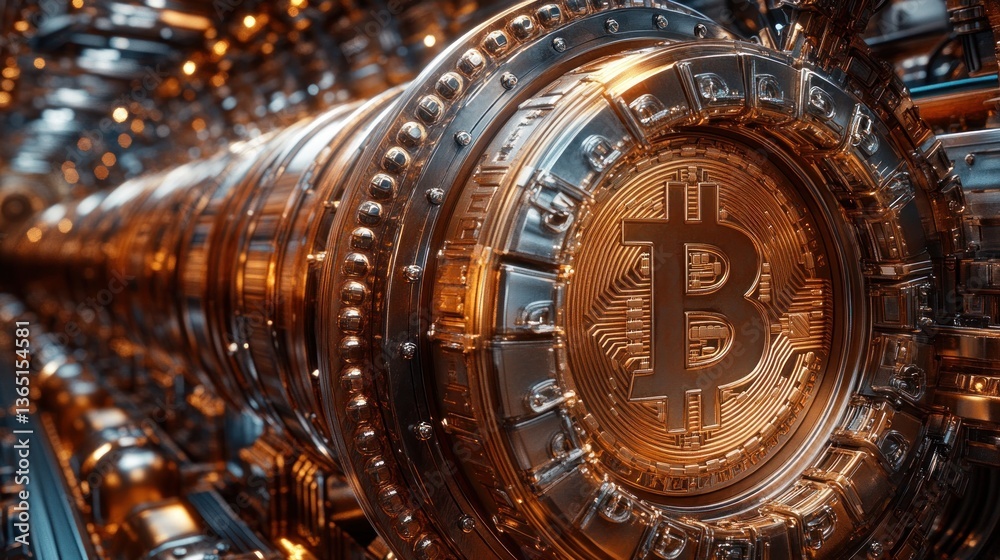 Fototapeta premium Bitcoin mining machine, intricate detail, gold and bronze tones