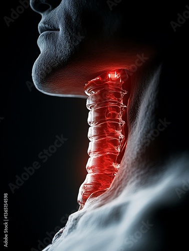 Anatomical illustration showing a human neck with highlighted trachea