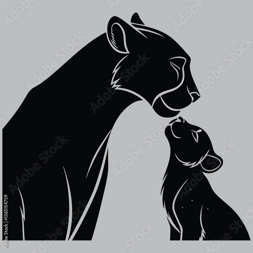 a cheetah mother nuzzling her cub silhouette vector design art and illustration