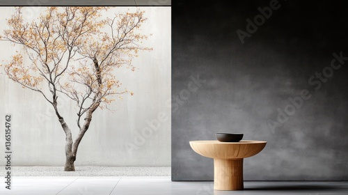 Minimalist interior design featuring a wood table, bowl, and serene courtyard view