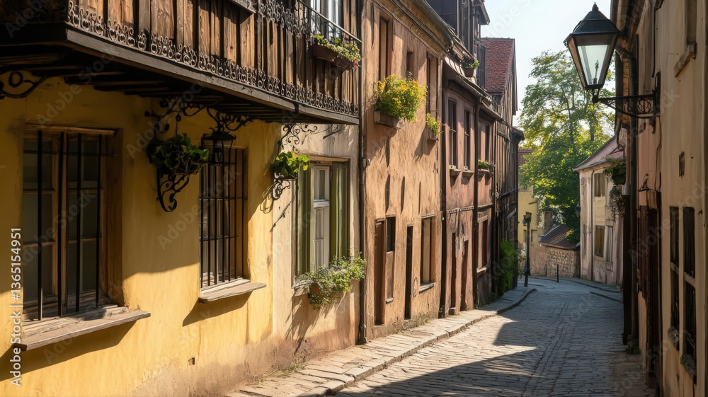 Fototapeta premium Sunlit Cobblestone Street in Historic European Town