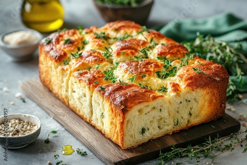Wallpaper Mural Golden garlic pull apart bread topped with thyme on a wooden board. Perfect for food blogs or showing delicious home baking recipes. Torontodigital.ca