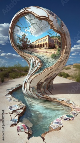 Surreal sculpture; swirling form reflects oasis scene, water flows from base