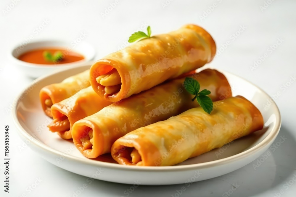 Crispy spring rolls on white background, served with sweet chili sauce , background, studio, snack Crispy spring rolls on white background, served with sweet chili sauce , background, studio, snack