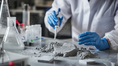 A material scientist researching self healing concrete for infrastructure, lab with concrete samples, crack testing equipment