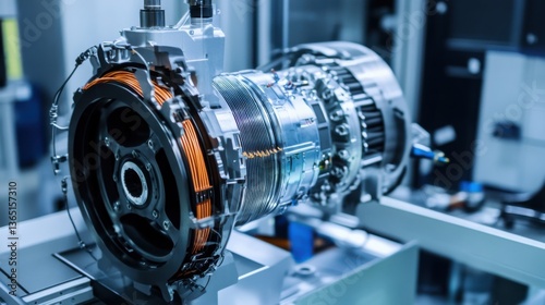 A mechanical engineer designing high efficiency electric motors for electric vehicles, lab with motor prototypes, power electronics
