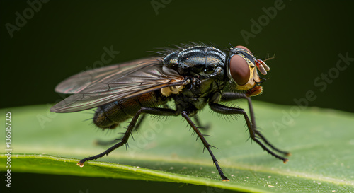 Wallpaper Mural Detailed close-up of a phorid fly resting on a vibrant green leaf surface Torontodigital.ca