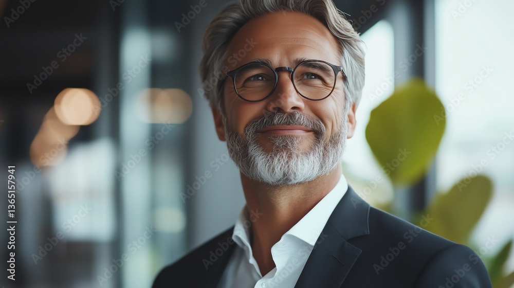 Fototapeta premium Happy Middle-Aged Businessman CEO Using Digital Tablet in Office, Minimalistic Office Background, Clean and Modern
