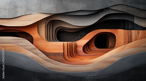 Abstract layered wood and stone forms creating a cave-like depth