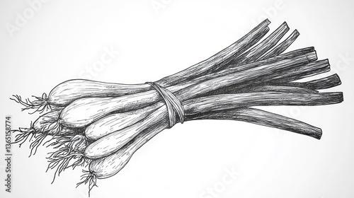 A detailed sketch of a bundle of fresh green onions tied together with roots visible, showcasing natural textures