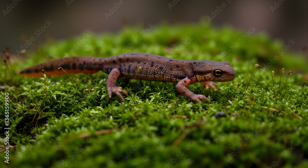 Naklejka premium Detailed close up of newt crawling over vibrant green moss in natural habitat