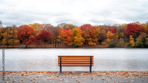 Tranquil autumn park with vibrant foliage and serene lake view