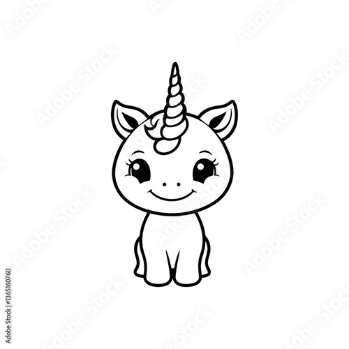 A sleek black and white vector illustration of a baby unicorn with curled hooves and a playful pose on a white background