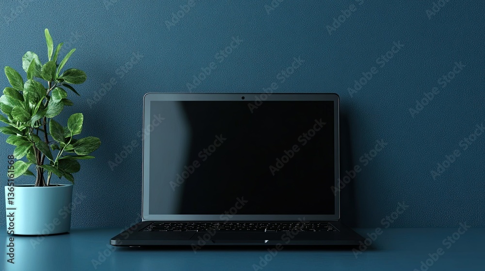 Fototapeta premium Sleek Modern Laptop on Minimalist Blue Platform: Black Screen Resting on Stylish Tech Surface 