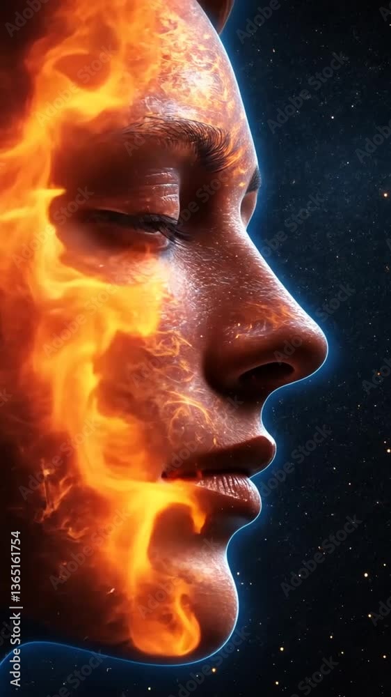 Fiery Face Profile Against Dark Starry Background Fiery Face Profile Against Dark Starry Background