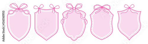 Set of vintage label and badges shape with bow. Protect shield security frame. Elegant coquette borders