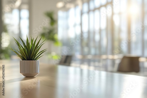 A light-colored cylindrical pot containing a small green plant sits on a light wood table. The background is a blurred modern office interior with large windows