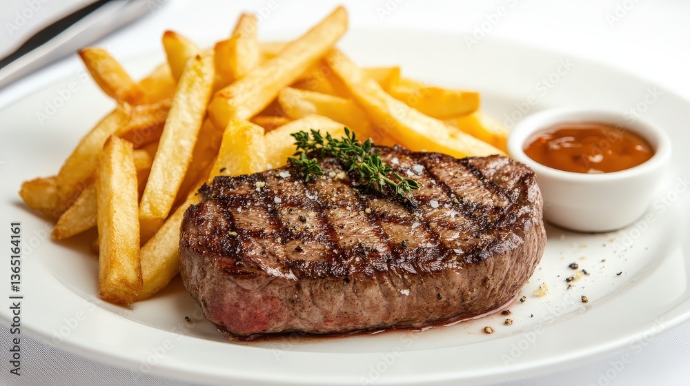 A delicious plate featuring grilled steak, golden fries, and a small bowl of dipping sauce, garnished with herbs. A delicious plate featuring grilled steak, golden fries, and a small bowl of dipping sauce, garnished with herbs.