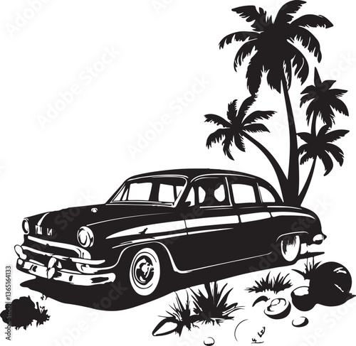 vintage car with palm trees