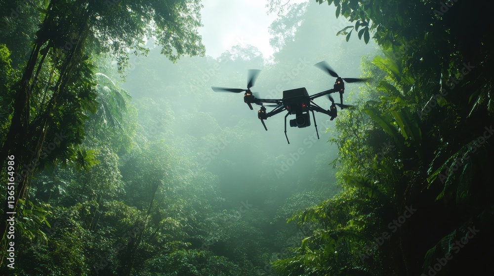 Fototapeta premium A next gen AI powered wildlife conservation drone system, tracking endangered species in a dense rainforest with real-time data analysis, Environmental tech style