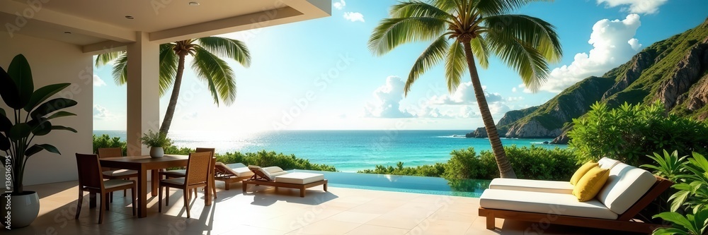 Obraz premium Sun-drenched patio, ocean vista, palm trees sway , Luxury, seating