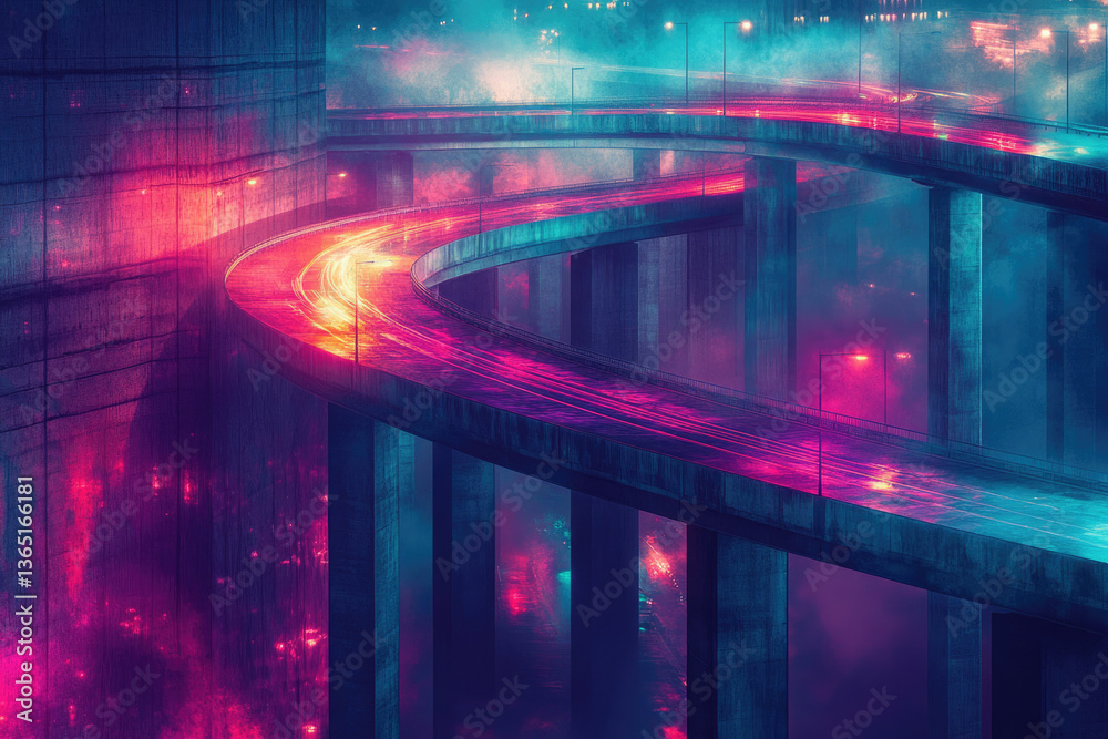 Obraz premium Neon-lit highway curves through a foggy cityscape at night, showcasing vibrant light trails and futuristic aesthetics.