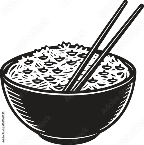 Empty bowl of rice with chopsticks on a wooden table