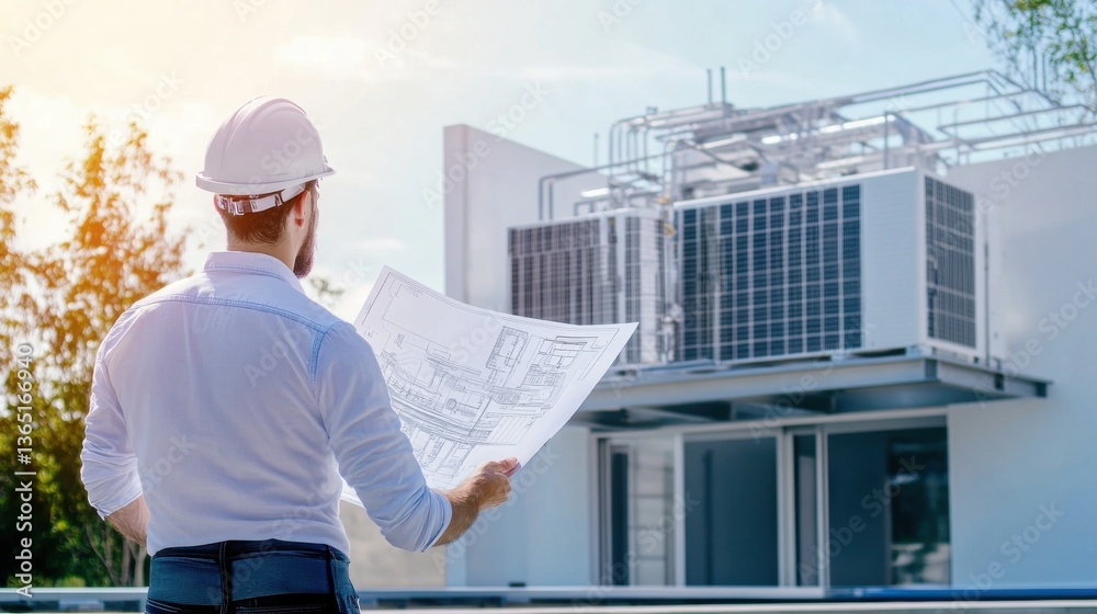 A renewable energy engineer designing geothermal energy systems for residential heating, residential area with geothermal heat pumps and data visible, High-tech style