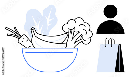 Bowl of vegetables, bananas, leafy greens, shopping bag, human silhouette. Ideal for healthy eating, grocery shopping, sustainability wellness nutrition organic food lifestyle. Flat simple