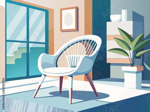 A white chair is placed in a room with a white wall, creating a minimalist and modern aesthetic. The clean lines and neutral color palette enhance the sense of space and simplicity in the room.