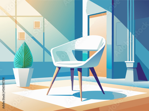 A white chair is placed in a room with a white wall, creating a minimalist and modern aesthetic. The clean lines and neutral color palette enhance the sense of space and simplicity in the room.