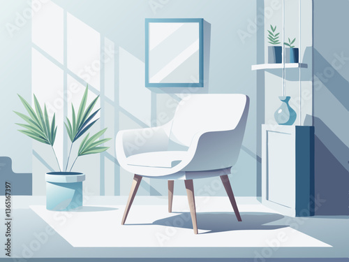 A white chair is placed in a room with a white wall, creating a minimalist and modern aesthetic. The clean lines and neutral color palette enhance the sense of space and simplicity in the room.