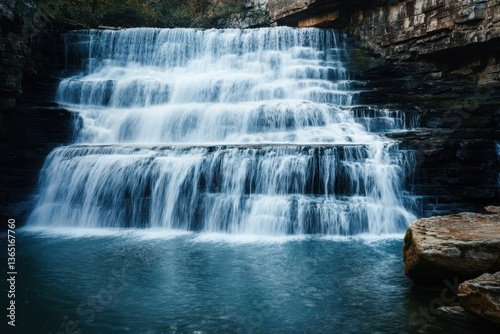 Cascading waterfall with multiple tiers surrounded by rocky terrain in a natural setting