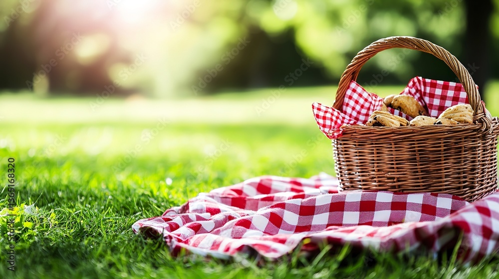 A picnic basket rests on a blanket in green grassy park A picnic basket rests on a blanket in green grassy park