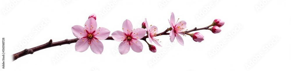 Fototapeta premium Single isolated branch with flowers or berries on white background, tree branch, blossom, tree flower