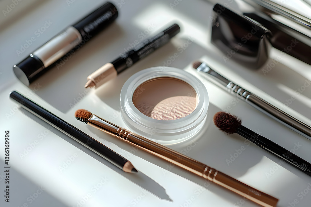 Assorted makeup brushes and cosmetics on white surface in sunlight Assorted makeup brushes and cosmetics on white surface in sunlight