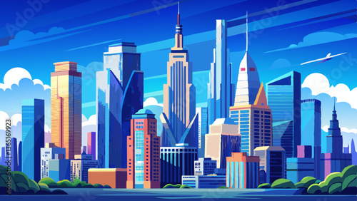 blue sky day in metropolis midtown New York city building skyline