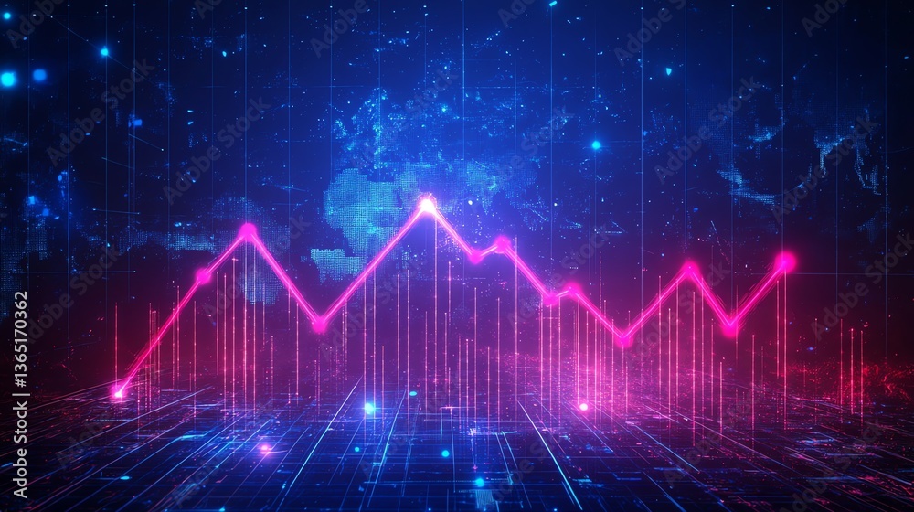Fototapeta premium Abstract Pink Line Graph Overlay on Blue Digital Grid Background
