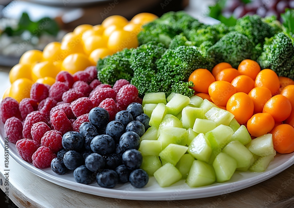 A colorful platter displaying a variety of healthy fresh fruits and vegetables A colorful platter displaying a variety of healthy fresh fruits and vegetables