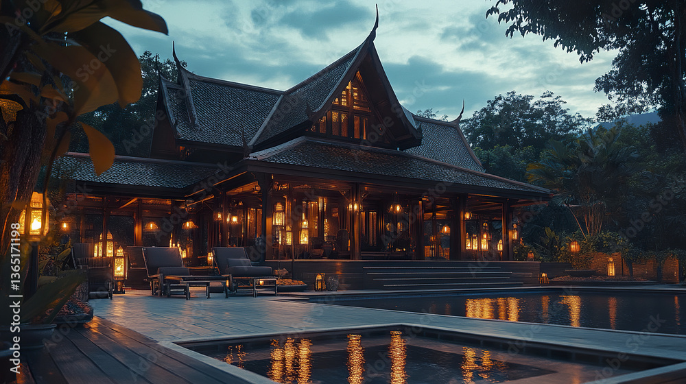 Obraz premium luxurious Thai Lanna style house with intricate carvings at dusk