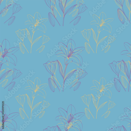 A blue and yellow flower pattern with purple flowers