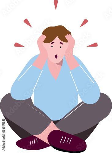 A man is sitting on the floor with his hands on his head