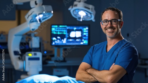 A robotics designer building surgical robots for precision medical procedures, hospital operating room with robotic arms and surgical data visible, High-tech style