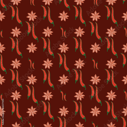 A pattern of peppers and flowers on a brown background