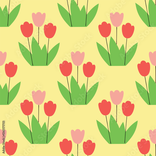 A pattern of flowers tulip with green stems and red petals