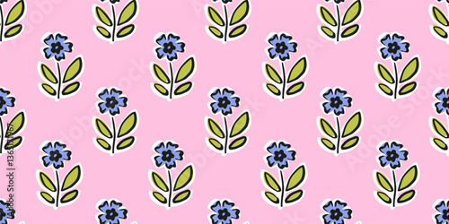 Hand drawn floral block print seamless pattern. Trendy retro blue daisy flower botanical vector background. Boho, beach, Indian traditional textile design.