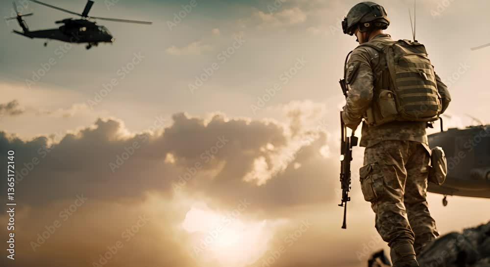 Video of a soldier looking at a military helicopter 4K