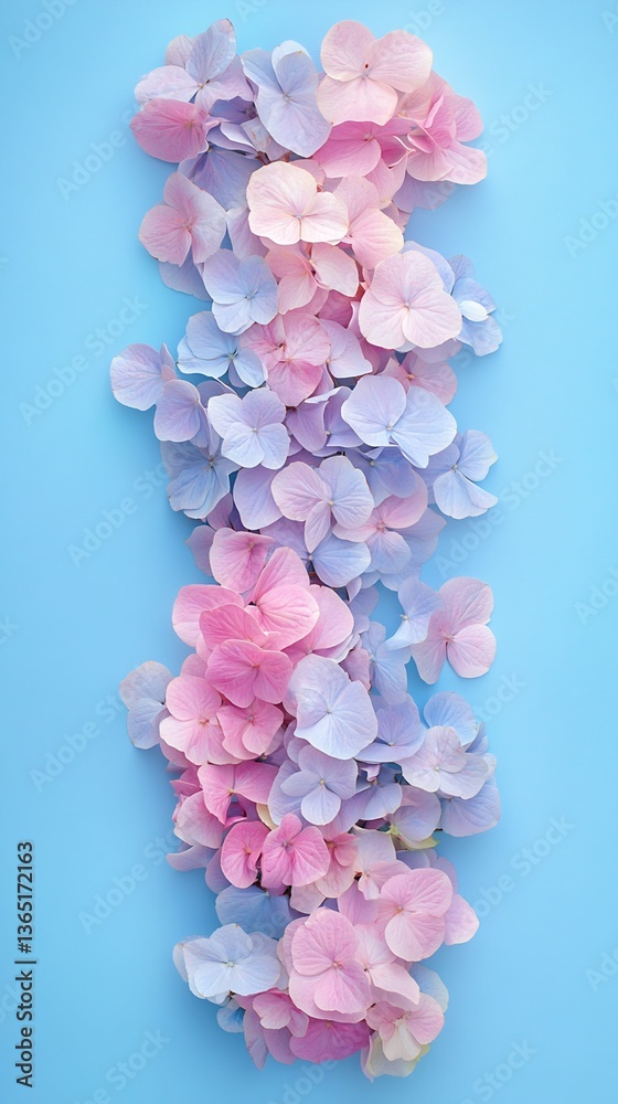 Fototapeta premium Pink and Light Blue Hydrangea Blossoms on Light Blue Background