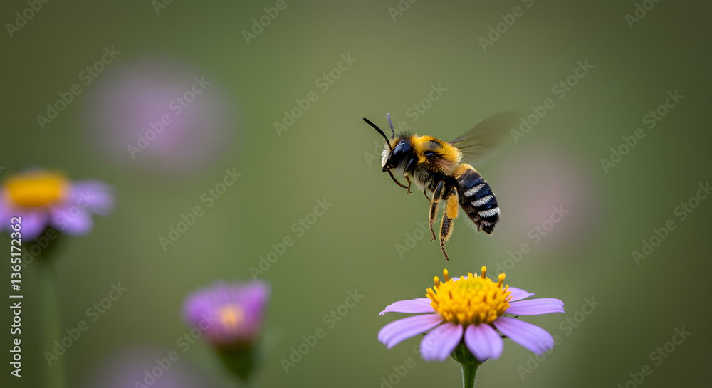 Detailed Close-Up of a Leafcutter Bee Preparing to Land on a Daisy Detailed Close-Up of a Leafcutter Bee Preparing to Land on a Daisy