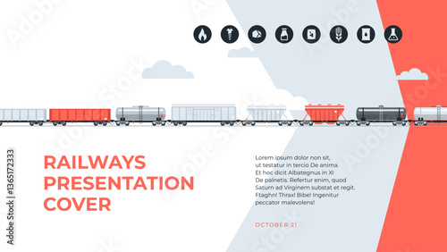 Freight rail transportation. Vector cover art for presentations, annual reports, albums, and the like. Freight wagons are depicted. All the elements are layered and can be edited